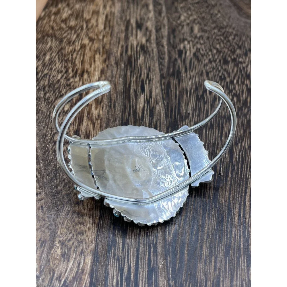 Native American Navajo Handmade Sterling Silver Turquoise Cluster Cuff Bracelet - Picture 5 of 5